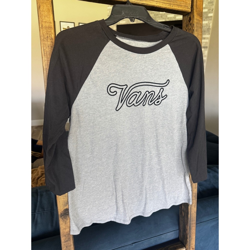 Vans Mens Raglan Baseball Tee Gray Black 3/4 Sleeve Script Logo Shirt Large